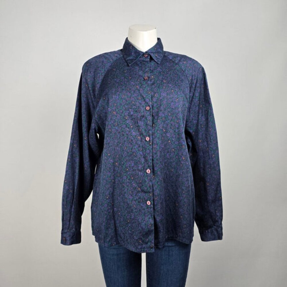 Vintage Leigh Morgan Blue Paisley Button Up Collared Blouse Size L